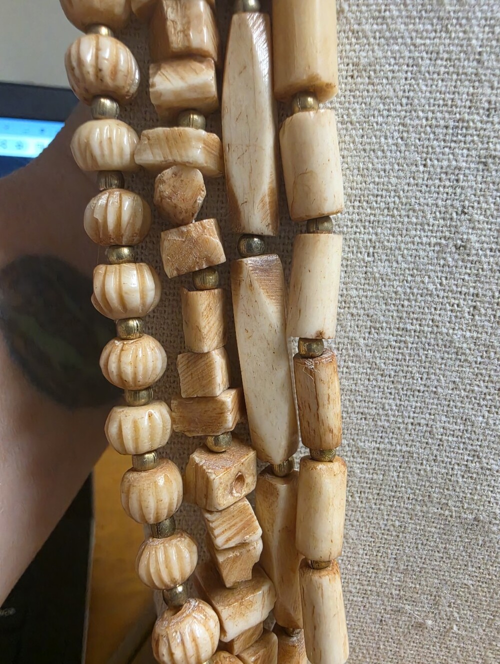 Vintage Hand-Carved Ox Bone 4 Strand Ethnic Boho Statement Necklace - Picture 7 of 8